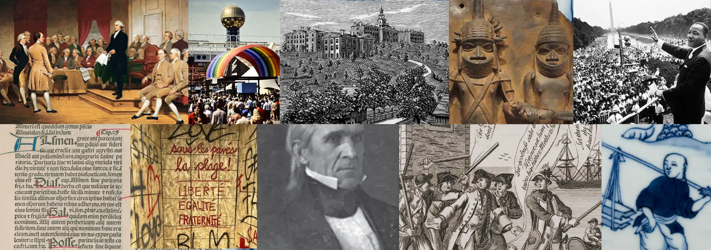 Department of History homepage collage showing art and photos from across the centuries, going from Martin Luther King, Jr. all the way back to Pre-Modern history.