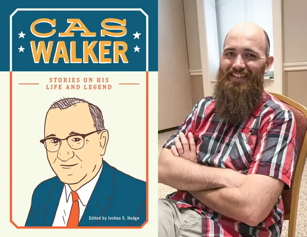 A photo of the cover of the Cas Walker book edited by Josh Hodge, alongside a photograph of Josh Hodge.