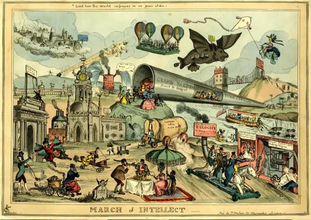 photo of art: March of Intellect; A futuristic vision: the advance of technology leads to rapid transport, sophisticated tastes among the masses, mechanization, and extravagant building projects. Coloured etching by W. Heath (1848) CC BY 4.0 http://wellcomelibrary.org/player/b11950791

