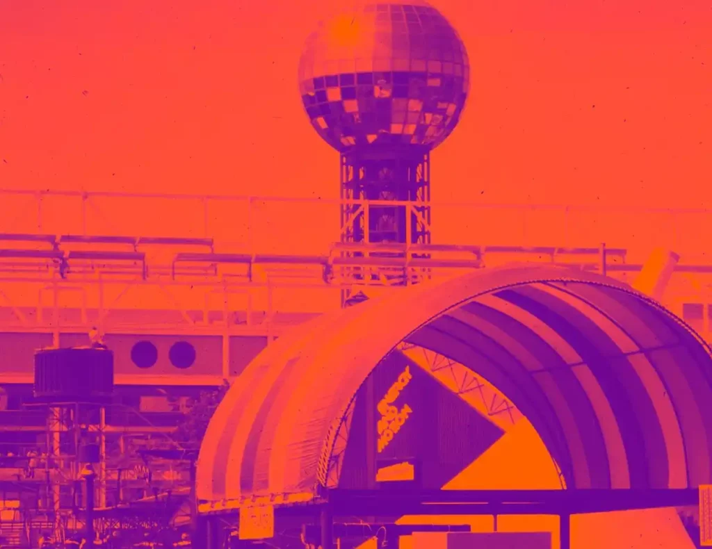 World's Fair, 1984, image shows the Sunsphere in tints of red and purple