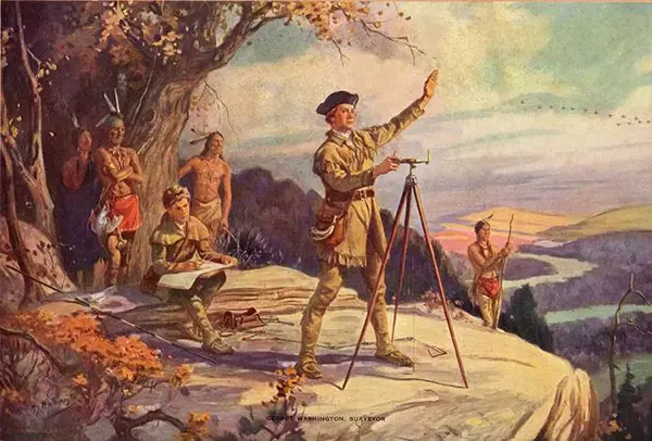 Print painting of George Washington surveying land. Painted by Henry Hintermeister. Wikimedia Commons.